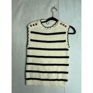 M&S Marks & Spencer Ivory Striped Sweater Vest Gold Button Shoulder Small 3563